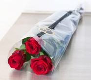 Tre gavepakkede røde roser