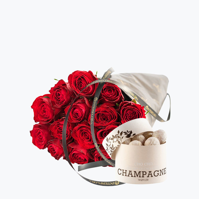 15 røde roser med Champagnetrøfler